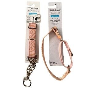 Two of two NWT size small pink and gold dog collars